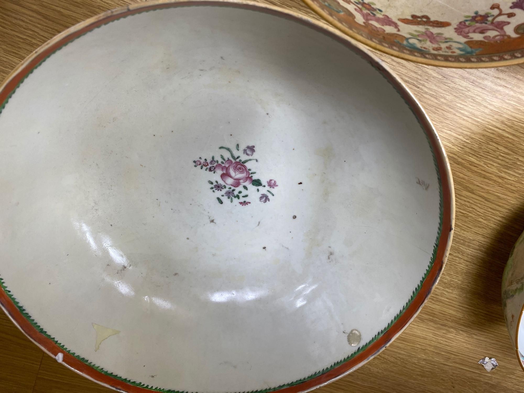 Five various 18th century Chinese export porcelain bowls, diameter of largest 29cm